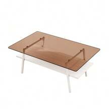 Coffee Table Made Of Tempered Glass, Rectangular Coffee Table, Metal Legs, Modern Living Room Table, H42.5/W98/D58 Cm - 棕色+白色 - 查看 12
