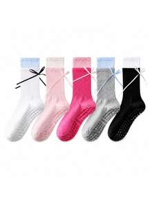 1 Pair Women's Pilates Yoga Socks, Silicone Non-Slip Sports Floor Socks, Faux Double Layer Design, Ballet Style With Bow And Ribbon Mid-Calf Socks - Multicolor - View 4