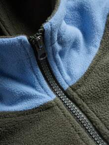 American Outdoor Style Army Green & Light Blue Colorblock Fleece Hooded Jacket, Full Zip Waist-Cinching Loose Warm Jacket - Green - View 9