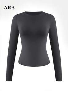ARA CHIC Women's Black Round Neck Fitted Long Sleeve T-Shirt, Slim Fit, High Elasticity, Skin-Friendly Base Layer, 2026 Fall/Winter New Arrival - Dark Grey - View 7