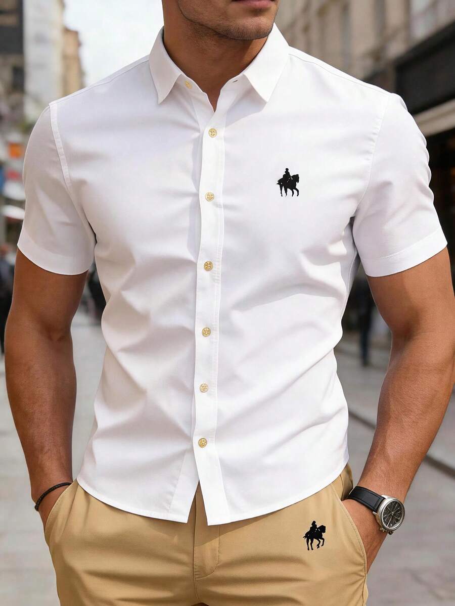 2pcs Men's Casual Fashion Horse Riding Pattern Solid Color Polo Shirt & Shorts Set, Stylish Elegant Administrative Suit Essential - White - View 1