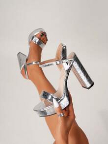 Fashion Chunky Heel High Platform Back Strap Sandals, Suitable For Halloween, Thanksgiving Special Offer, Christmas Wear - Silver - View 2