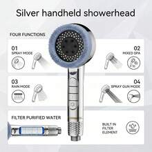 4-Mode Handheld Shower Head With PVC Hose | High-Pressure Spray Gun, One-Touch Stop, Built-In Filter & Silicone Massage Bristles – Silver Finish - sliver-1pc - View 6