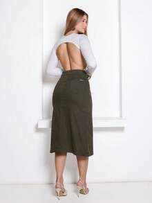 Women's Long Denim Skirt With Pockets, Flared, Frayed Hem, High Waist, Elegant, Green - 軍綠色 - 查看 6