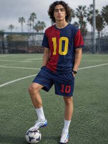 2pcs/Set Teen Boys' Cool Football Style Contrast Color 10 Number Print T-Shirt And Shorts Set - Multicolor - View 11