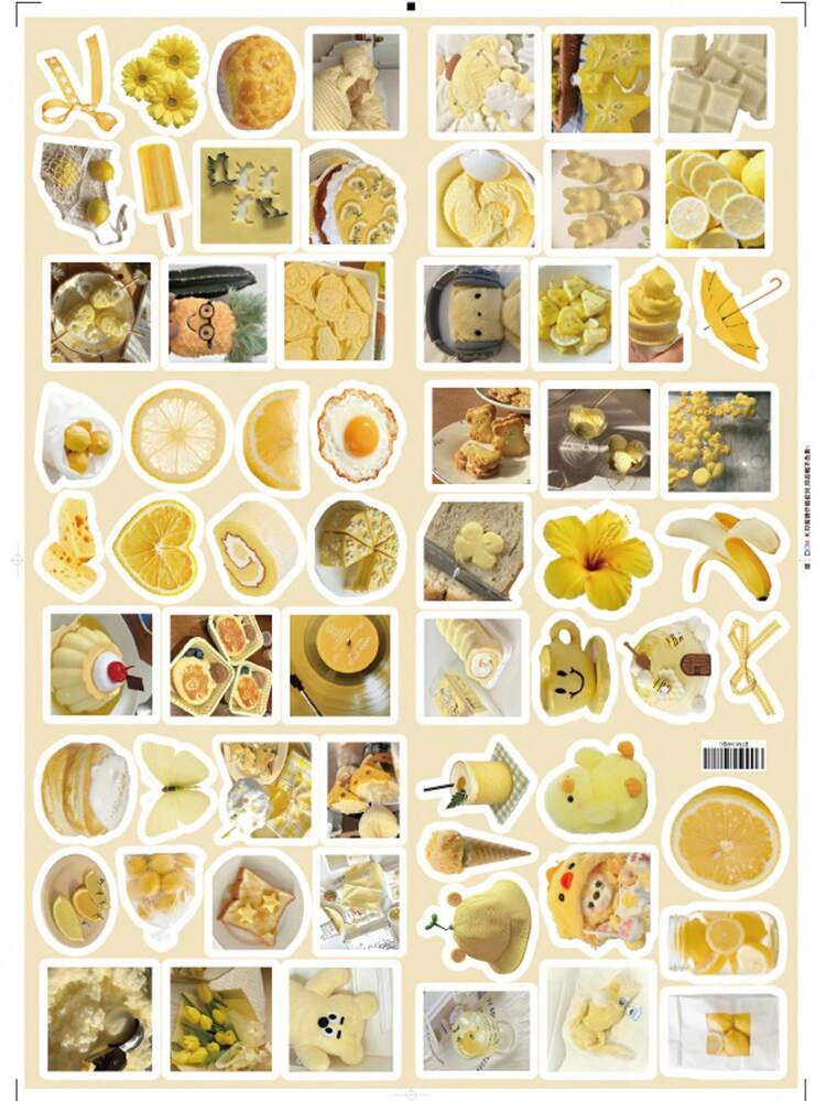 63pcs Warm Yellow Aesthetic Stickers - Includes Lemon, Desserts (Cake, Egg Roll), Flowers (Yellow Daisy, Hibiscus) And Stationery (Yellow Record, Bow), Creating A Warm And Healing Atmosphere, Suitable For Decorating Journals/Phone Cases/Tablets - Yellow - View 10