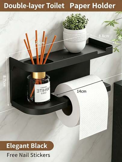 1 pieza/5 piezas Soporte para papel higiénico, estante de almacenamiento para baño, soporte de pared de doble capa sin perforación con estante de almacenamiento, organizador de baño de metal para uso doméstico en el baño