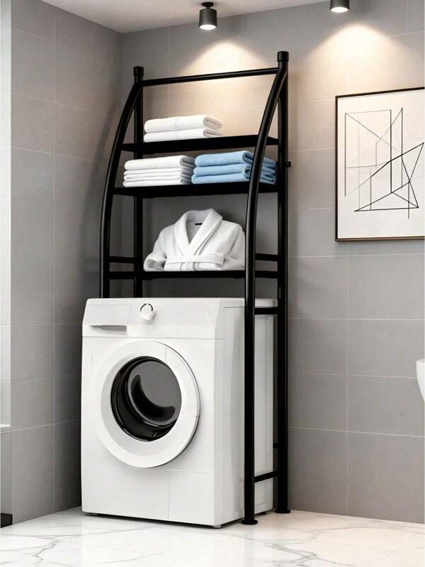 3-Tier Over Washing Machine Storage Rack, Heavy Duty Rustproof Metal Laundry Organizer Curved Frame, Space Saving Bathroom Balcony Shelf For Laundry Towels Toiletries, Ideal For Small Apartment Family Laundry Organizers