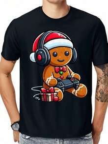 Funny Christmas Gamer Gingerbread Xmas Gaming Men 220g 100% Cotton T-Shirt Tee For adult, Men, Women, Teen, Teenager, adolescent, Youth - Noir - Voir 1