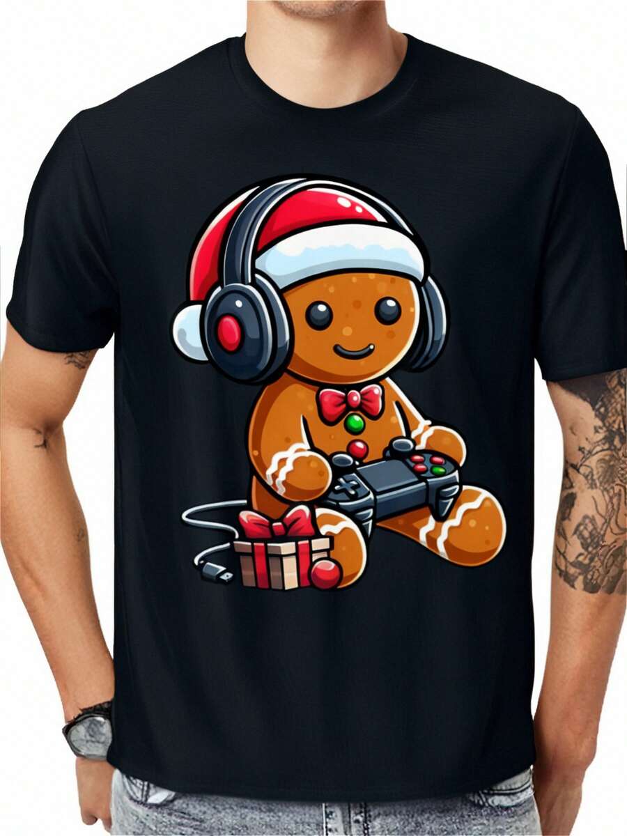 Funny Christmas Gamer Gingerbread Xmas Gaming Men 220g 100% Cotton T-Shirt Tee For adult, Men, Women, Teen, Teenager, adolescent, Youth - Noir - Voir 1