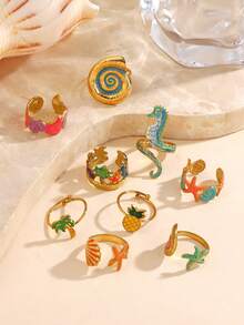 1/3/6/9/12件組不鏽鋼夏季度假風海洋生物海星貝殼戒指，適合女性日常與海灘度假穿戴（隨機款式） - 彩色 - 查看 4