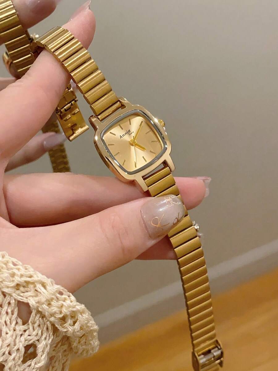 1件女款金銀色優雅簡約石英手錶,不鏽鋼錶帶,方形綠色/金色錶盤,適合日常生活夏季配件 - 均碼 - 查看 1