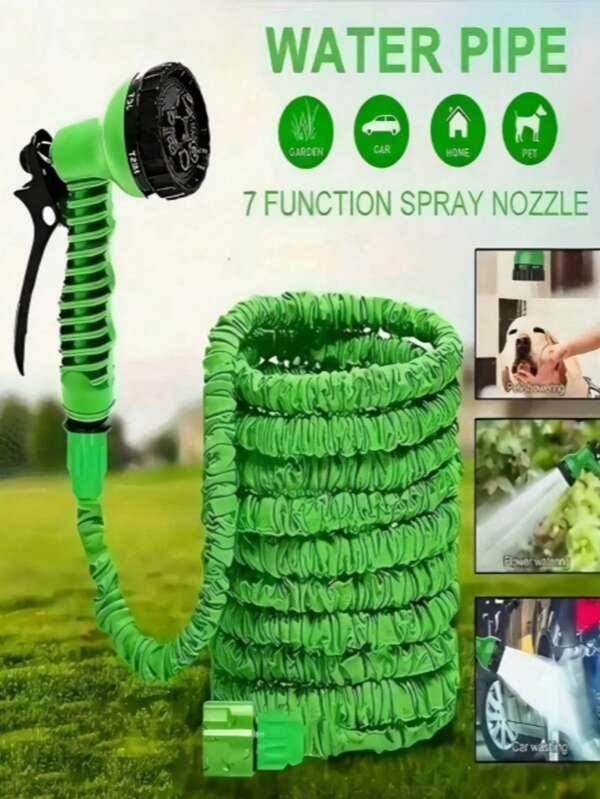 1pc Adjustable Water Hose With Green Nozzle, Durable PE Multi-Purpose Garden Hose With Spray Gun, For Outdoor Patio, Retractable Easy To Use, PE Material, Garden Style, Green Nozzle Design, For Watering Cleaning