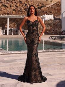 ADYCE Elegant Shiny Spaghetti Strap Lace Backless Mermaid Floor-Length Evening Gown, Suitable For Party And Wedding - Black - View 6
