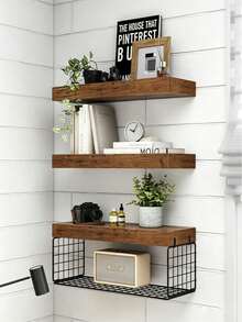 3pcs Floating Wall Shelves, Wooden Room Decor, Rustic Style Wooden Shelves For Bathroom, Living Room, Bedroom And Kitchen, Storage Wall Racks, Books, Room Decoration, Multi-Layer Wall Hanging Storage Shelves Space-Saving Multifunctional Office Display Rack, Statue Home Decor, Collection Decor, Beautiful And Practical Home Organization Wall Collection Gift - Multicolor - View 10
