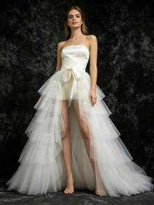 1 Pc Layered White Tulle Train Wrap Skirt Tie Waist Ruffle Tutu Overlay For Wedding Bride Evening Formal Party Dress Layering Accessory - A - View 3