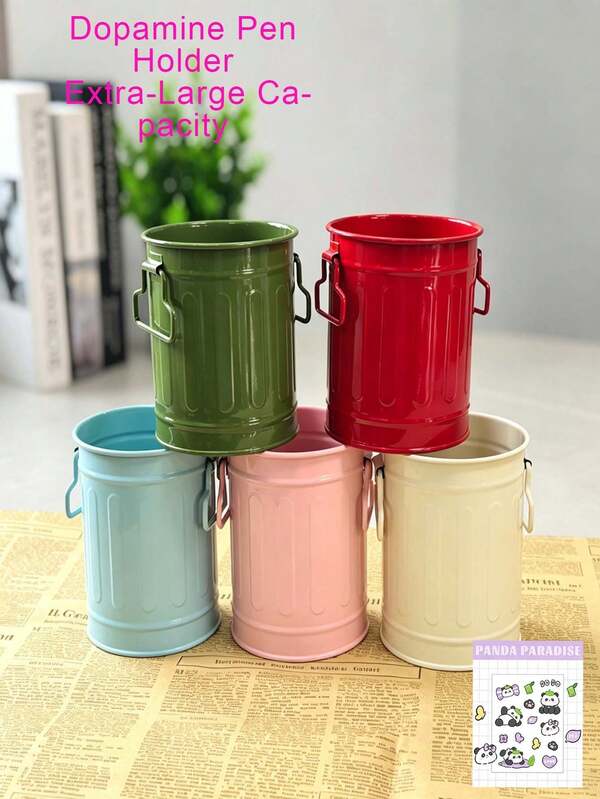 1pc/10pcs Vintage Metal Barrel Pen Holder, Portable Handle Multifunctional Storage Bucket, Solid Color Iron Art Storage Box, Suitable For Back To School, Holiday, Travel, Desktop Stationery, Makeup Brush Storage, Home Office Vintage Decor Cup