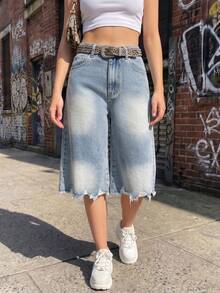Women's Light Wash Straight Leg Cropped Jeans, Distressed Hem, Button Pockets, Non-Stretch Casual Style - Light Wash - View 5