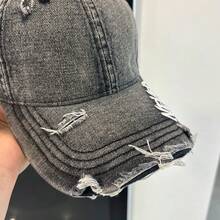 1pc New Letter Embroidered Washed Denim Baseball Cap Women American Vintage Distressed Duck Bill Hat Soft Top Large Head Circumference - Multicolor - View 6