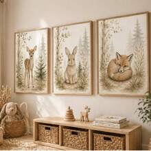 Set Of 3 Woodland Animal Watercolor Canvas Prints Neutral Boho Forest Wall Art Featuring Spotted Deer, Bunny And Red Fox, Muted Sage & Beige Botanical Pine Tree Background, Soft Minimal Nursery Wall Decor For Baby Bedroom, Playroom & Cottage Interior - A - View 7