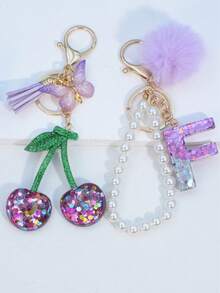 1pc Resin Starry Sky Epoxy Letter Keychain With Black Fur Ball Tassel Decor, Heart Pendant Gift For Friend And Mom - Mauve Purple - View 27