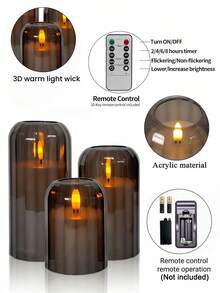 3pcs Flameless Candle Lights With Timer Remote Control, Battery Operated Warm Candle, Suitable For Halloween, Christmas, Valentine's Day, Gift, Birthday, Proposal, Wedding, Party, Dining Table - Gray-warm Light - View 9