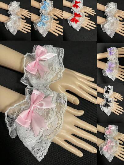 1 par de mangas de encaje con lazo para mujer, cubiertas de encaje para los brazos, mangas de encaje con lazo multicolor para atuendo gótico Lolita