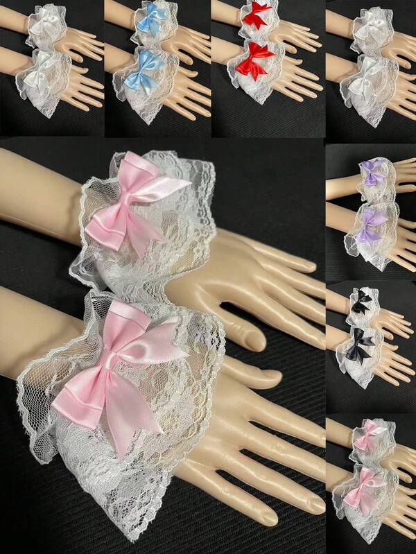 1 par de mangas de encaje con lazo para mujer, cubiertas de encaje para los brazos, mangas de encaje con lazo multicolor para atuendo gótico Lolita