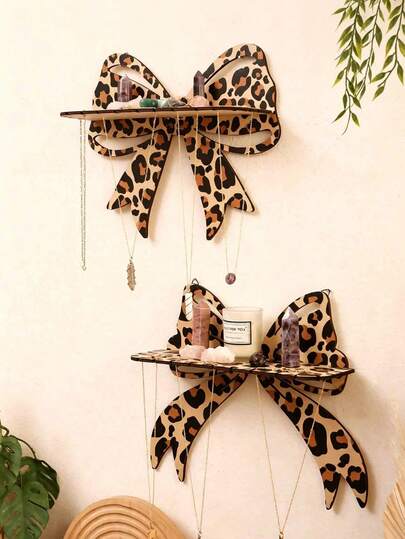Leopard Bow Wooden Wall-Mounted Display Shelf, Perfect For Displaying Necklaces, Earrings, Bracelets, Crystals, Small Plants, Also For Storing Beauty Tools, Hair Accessories & Mini Decor Items, Suitable For Bedroom Walls, Living Room, Vanity Areas