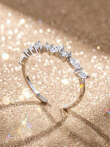 925 Sterling Silver Irregular Diamond Ring, Adjustable Open Design, Niche High-End Silver Jewelry, Gift For Girlfriend - White - View 4