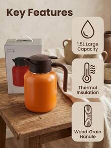1.5L Insulated Thermal Coffee Carafe, Large Capacity Stainless Steel Tea Pot With Wooden Handle For Home Office Daily Use - Multicolor - View 2