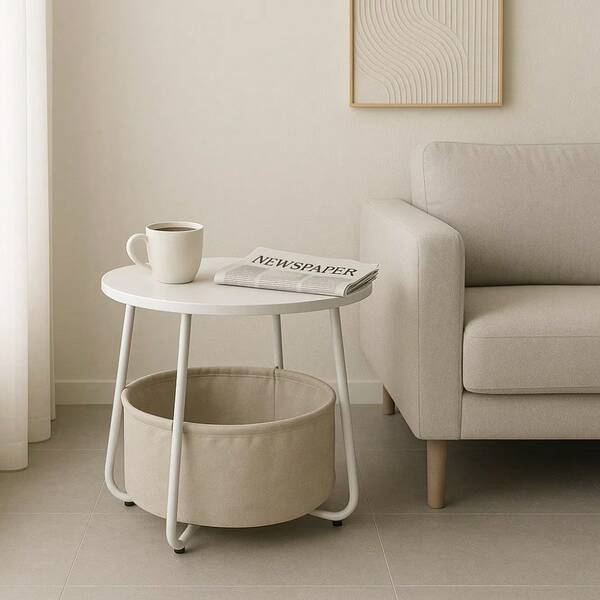 White Round End Side Table With Removable Fabric Storage Basket, Compact Multipurpose Accent Table For Living Room, Bedroom & Cozy Reading Nook Small Space Decor