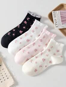 4 pares de calcetines invisibles de moda para mujer con estampado floral, calcetines de tobillo con ribete de encaje, calcetines tipo barco, calcetines minimalistas suaves y transpirables, calcetines blancos, adecuados para uso diario casual, adecuados para primavera, verano y todas las estaciones - Multicolor - Ver 8