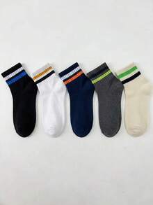 5 Pairs Men's Back To School Contrast Striped Mid-Calf Socks, Comfortable Moisture-Wicking Versatile Casual Sports Socks - Multicolor - View 6