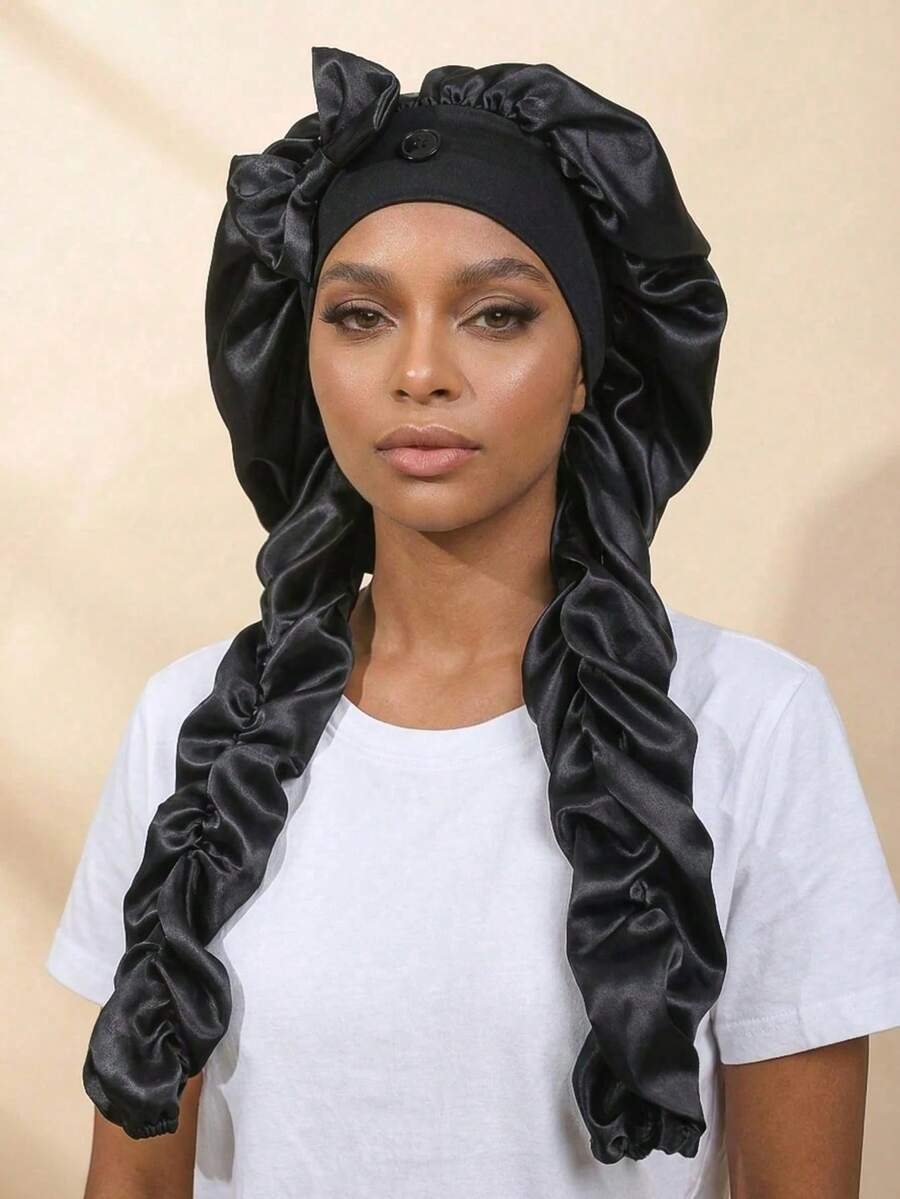 1pc Women's Satin Bow Long Braid Sleep Cap, Adjustable Snap Button Sleep Cap, Suitable For Curly Hair, Silky Anti-Static Night Headwrap, Sleep Hair Care Cap - Multicolor - View 1