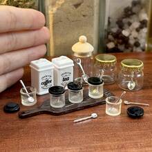 1:12 Scale Mini Seasoning Jars With Spoons And Tea Canister Model, Dollhouse Kitchen Scene Storage Jars Decor Set, Suitable For Miniature Photography And Desktop Display - one-size - View 3