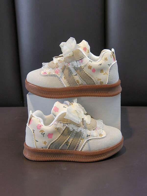 1 Pair Spring Girls Floral Lace Bow Hook & Loop Casual Shoes Soft Sole Anti-Slip Breathable Toddler Walking Shoes