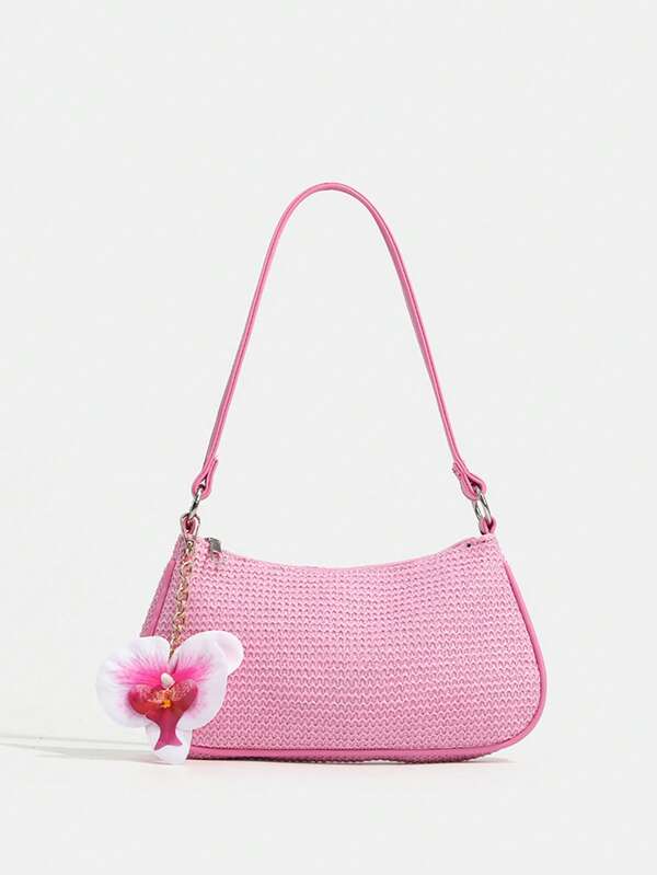 1pc Girls Woven Baguette Shoulder Bag, Lightweight, Casual Fashion, Suitable For Beach Vacation Style, Decorated With Butterfly Pendant, Perfect For Shopping And Vacation