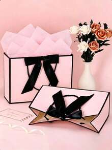 4pcs Pink Gift Bag Set, Includes 1 Gift Bag, 2 Sheets Of Tissue Paper And 1 Card With Ribbon; This Exquisite Paper Handle Bag Decorated With Bows Is Suitable For Weddings, Christmas, Thanksgiving, New Year, Birthday, Valentine's Day (Such As Bridesmaid Or Best Friend Gathering Gifts) And Other Occasions. - Multicolor - View 2