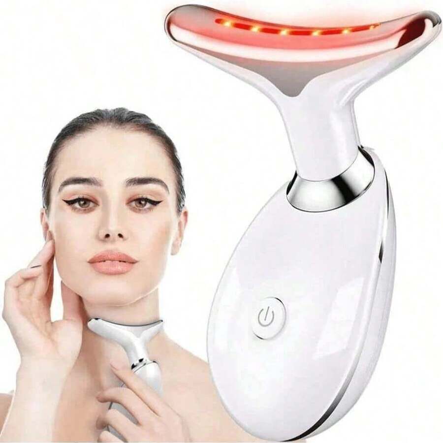 3色光模式臉部按摩器,家用臉部與頸部按摩工具,加熱模式,護膚,改善肌膚光滑度與亮度 - 白色 - 查看 1