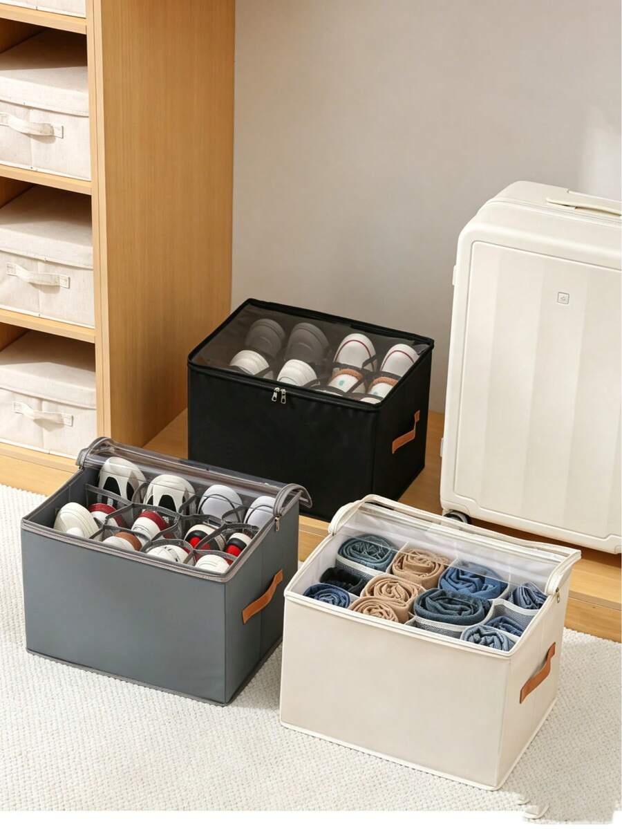 1pc 12/16/20 Compartment Fabric Visible Underbed Shoe Storage Box, Divided Shoe Box Suitable For Sneakers, Home Shoe Storage Organizer - View 1