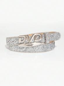 1件裝男士DVD水鑽字母腰帶，嘻哈品牌全水鑽亮面金屬扣皮革腰帶，街頭風百搭裝飾腰帶 - 銀色 - 查看 5