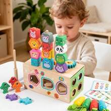 1 Set Multi-Functional Wooden Educational Building Blocks Box With Animal Expressions, Stacking, Magnetic Fishing, Carrot Pulling, Shape Recognition And Matching, Montessori Fine Motor Skills Early Education Teaching Aids - Multicolor - View 2