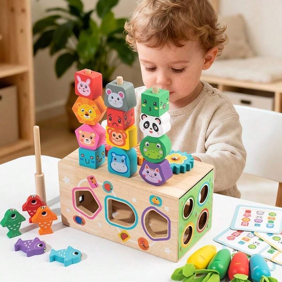 1 Set Multi-Functional Wooden Educational Building Blocks Box With Animal Expressions, Stacking, Magnetic Fishing, Carrot Pulling, Shape Recognition And Matching, Montessori Fine Motor Skills Early Education Teaching Aids