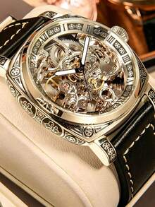 Herren-Armbanduhr in Schwarz aus Zinklegierung, Business-Stil, leuchtend, graviert, Automatik-Tourbillon, skelettiert, mechanisch - Schwarz - Übersicht 2