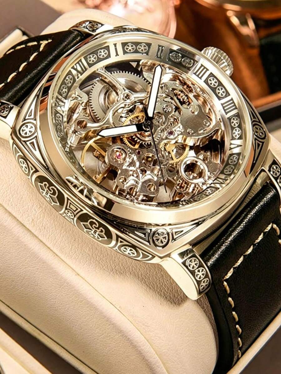 Herren-Armbanduhr in Schwarz aus Zinklegierung, Business-Stil, leuchtend, graviert, Automatik-Tourbillon, skelettiert, mechanisch