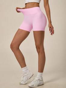 TimeOff 1 pieza de shorts deportivos de mujer de unicolor con cintura alta, banda de cintura acanalada y glúteos fruncidos - Rosa - Ver 6