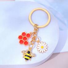 1pc Enamel Bee Honeycomb Daisy Metal Keychain, Cute Floral Bag Charm, Back To School Labor Day Holiday Decoration Gift - Multicolor - View 3