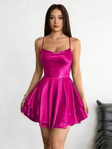 1pc Sexy Satin Backless Halter Neck Elegant Pleated Dress, Suitable For Bar, Party, Home Summer - Hot Pink - View 6