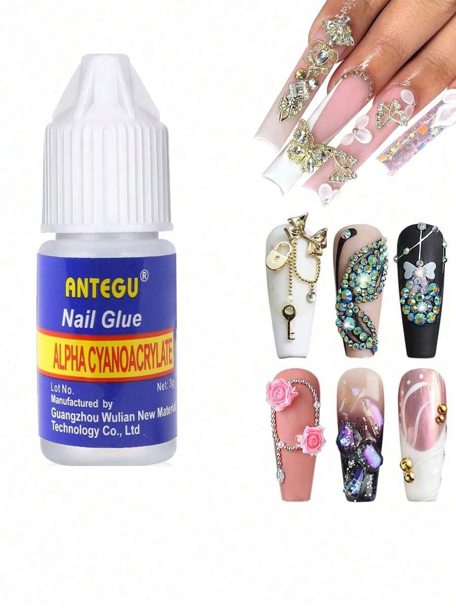 ANTEGU(1件/5件)超強力美甲膠(3g) – 快速乾燥黏著劑,適用於壓克力美甲、貼片美甲與水鑽,專業長效美甲藝術膠 - 3g小藍瓶膠水 - 查看 1